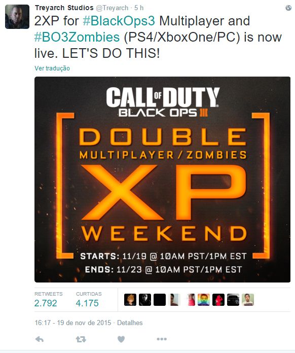 Anuncio do inicio do período de XP dobrado em Call of Duty: Black Ops 3. Anuncio do inicio do período de XP dobrado em Call of Duty: Black Ops 3.