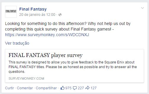 Post na página oficial de Final Fantasy sobre a pesquisa. Post na página oficial de Final Fantasy sobre a pesquisa.