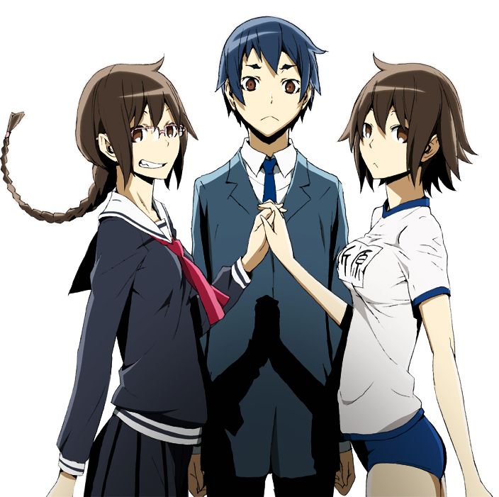 (Kururi Orihara, Aoba Kuronuma, Mairu Orihara.) Detalhe: as garotas são irmãs do Izaya, e o caro do meio é o fundador da gangue Quadrados Azuis. (Kururi Orihara, Aoba Kuronuma, Mairu Orihara.) Detalhe: as garotas são irmãs do Izaya, e o caro do meio é o fundador da gangue Quadrados Azuis.