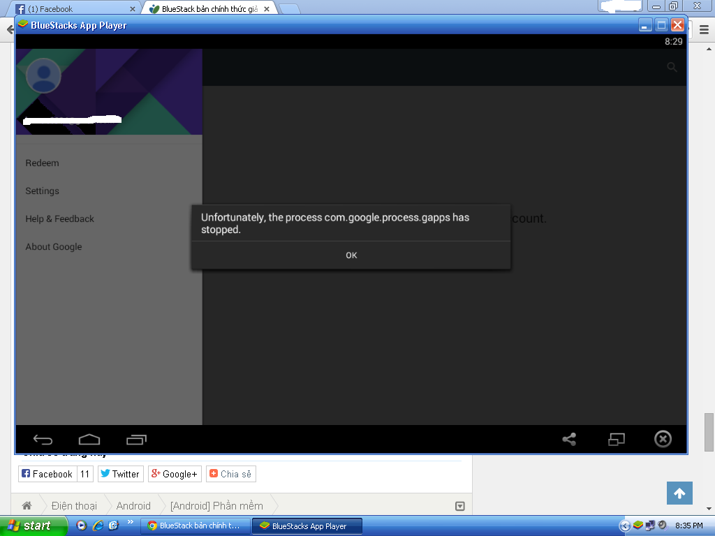 em dùng Bluestack gần đây bị lỗi Unfortunately Google Play Store has stopped