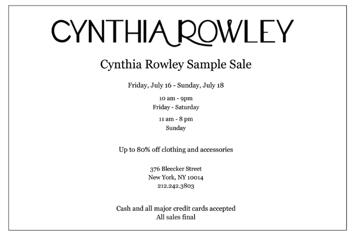 cynthia rowley,sample sale,bleecker,new york